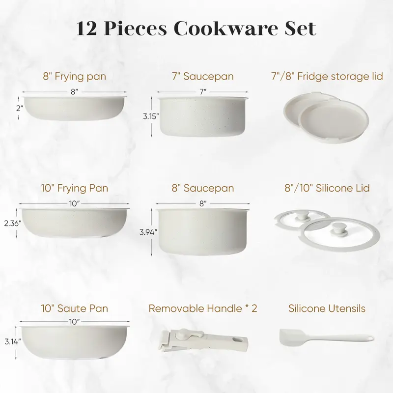 12-Piece Nonstick Pots and Pans Set - Kitchen Cookware with Removable Handles - Ideal for Home Cooking, Cream White - Image 2