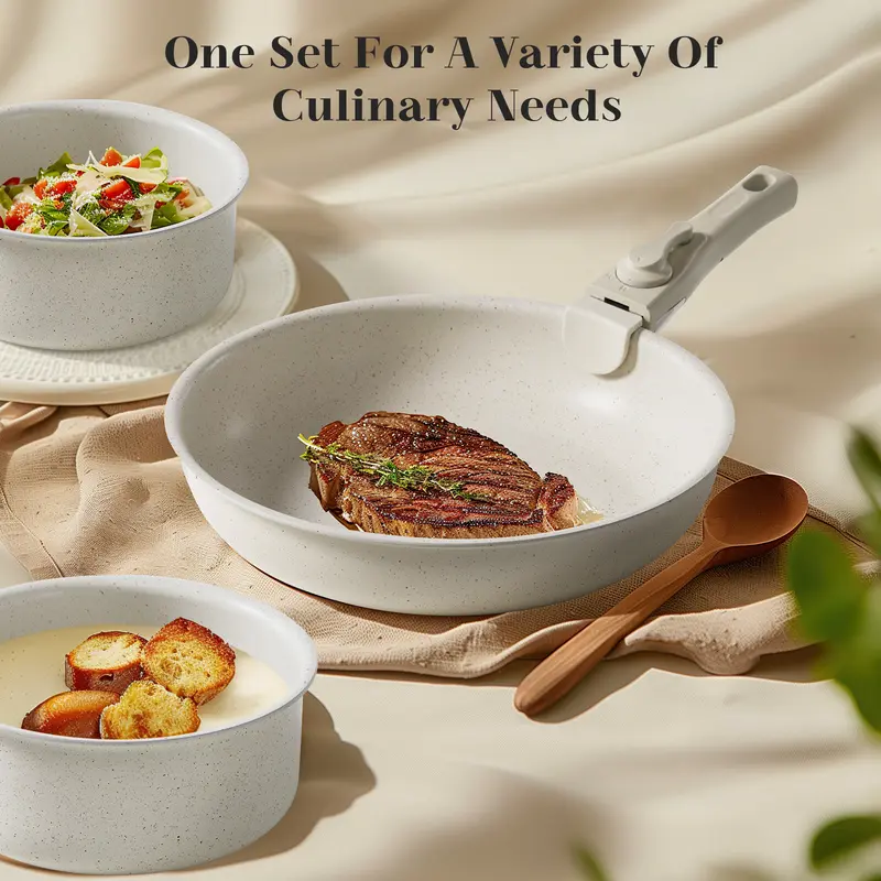 12-Piece Nonstick Pots and Pans Set - Kitchen Cookware with Removable Handles - Ideal for Home Cooking, Cream White - Image 3