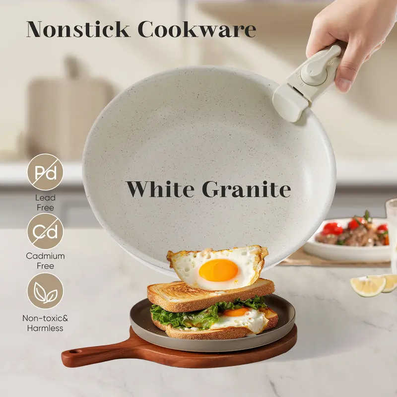12-Piece Nonstick Pots and Pans Set - Kitchen Cookware with Removable Handles - Ideal for Home Cooking, Cream White - Image 4