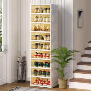 9 tier Ultimate Foldable Shoe Organizer ā Fits 18 Pairs Space-Saving Stackable Cabinet Rack Clear Door Plastics Stackable